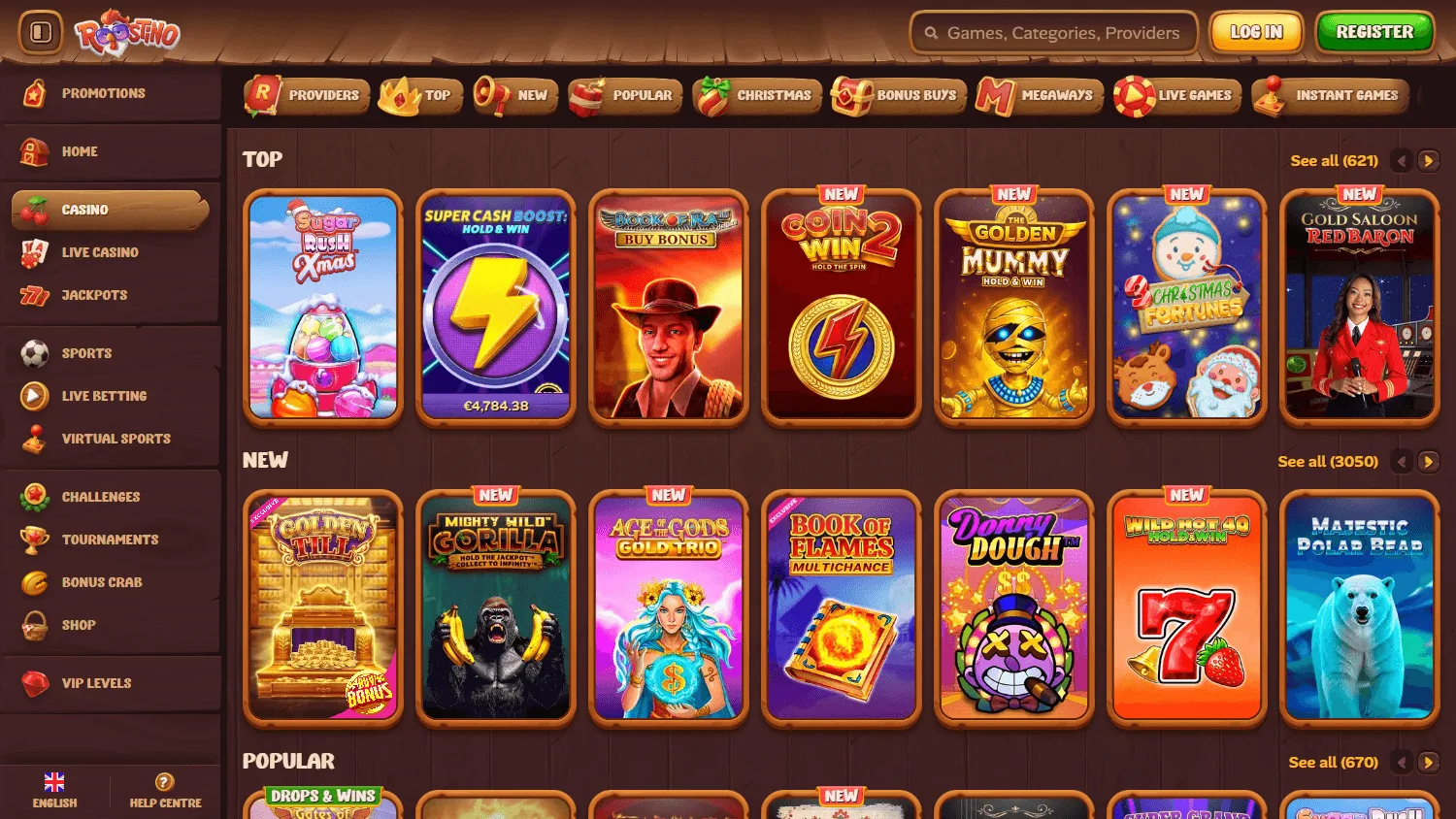 Roostino Casino games experience on desktop