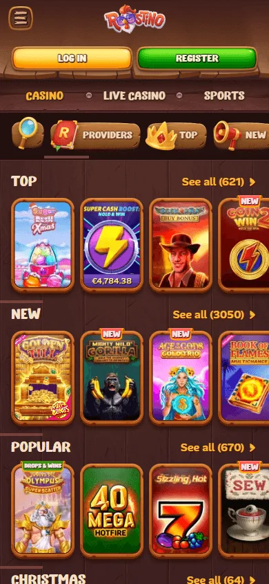 Roostino Casino games experience on mobile