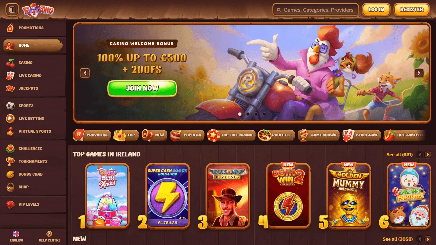 Roostino Casino home experience on desktop