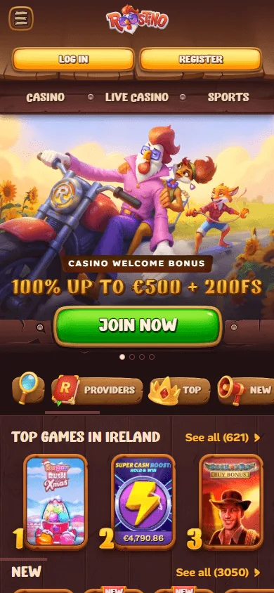 Roostino Casino home experience on mobile